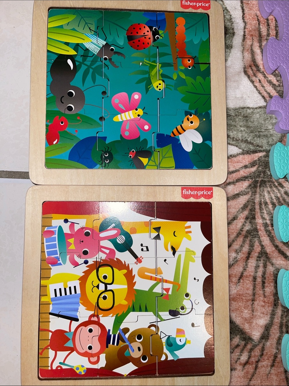 Fisher-Price Bright Green & Blue Animal & Music Wooden Puzzle Duo